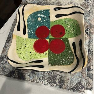 Abstract Ceramic Art Plate with Red and Green Design- Jack Charney Hand signed